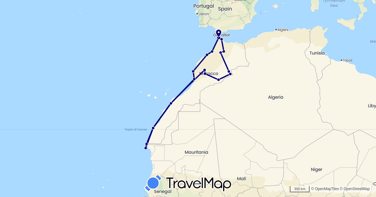 TravelMap itinerary: driving in Western Sahara, Morocco (Africa)